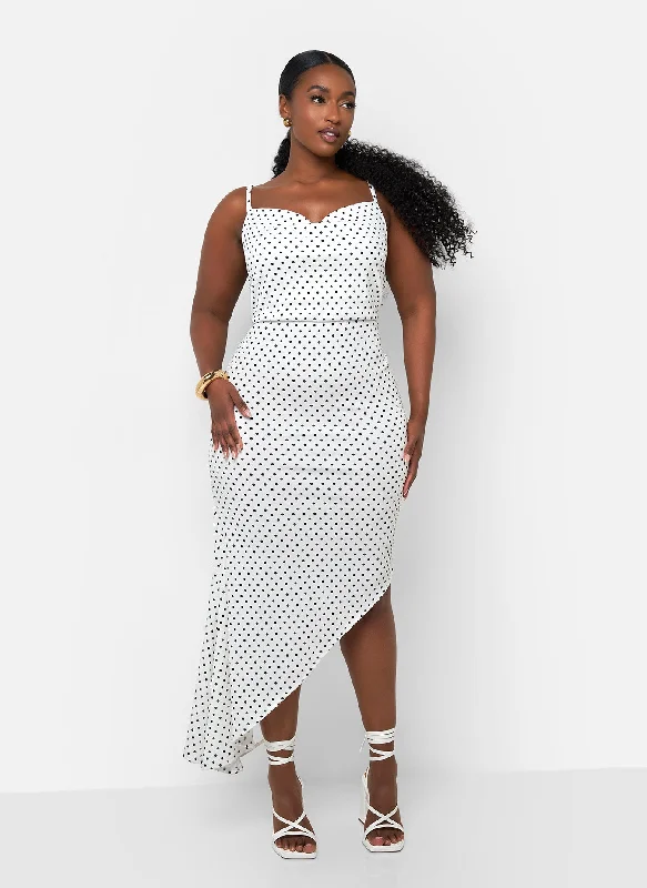 Midi dresses with sleek, modern finishes-Gloria Polka Dot Cowl Neck Midi Bodycon Dress - White & Black