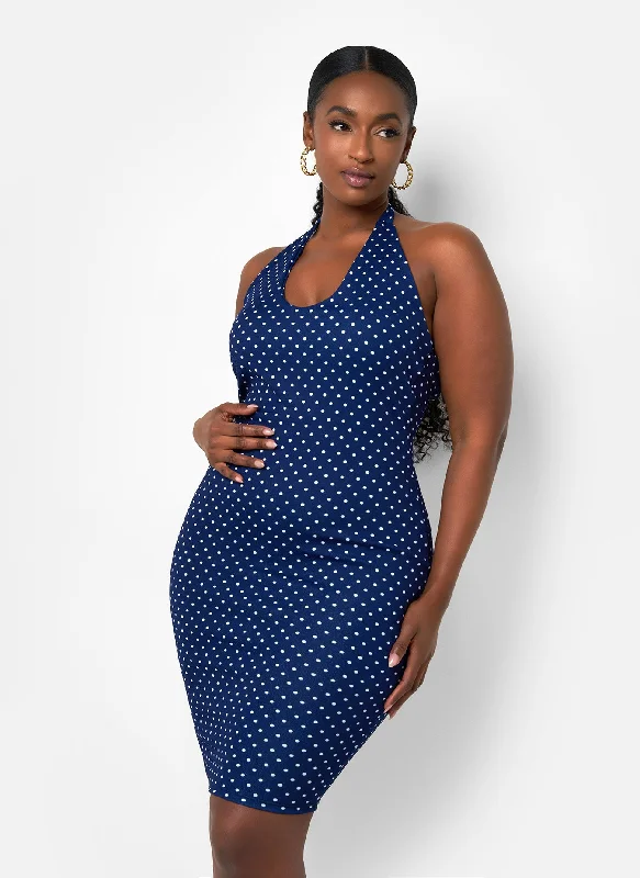 Midi dresses for casual evenings out-Holly Polka Dot Halter Midi Bodycon Dress - Navy & White