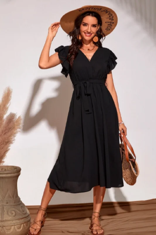 Midi dresses for a spring afternoon outing-V Neck Ruffle Sleeve Flare Midi Dress