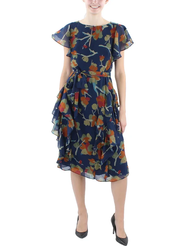 Trendy midi dresses for summer festivals-Womens Floral Print Chiffon Midi Dress