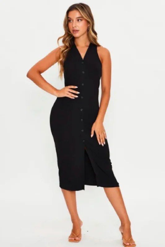 Trendy midi dresses for fashion-forward looks-V Neck Button Down Midi Bodycon