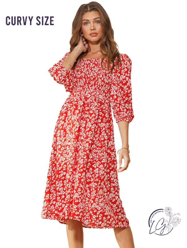 Midi dresses for casual outdoor activities-Curvy Nature’s Canvas Smocked Midi Dress