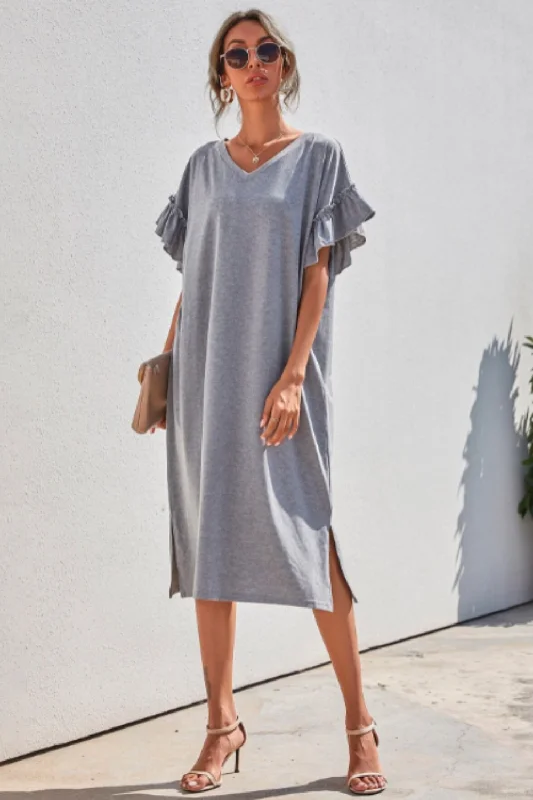 Midi dresses with dramatic folds-Ruffle Sleeves V Neck Midi Dress