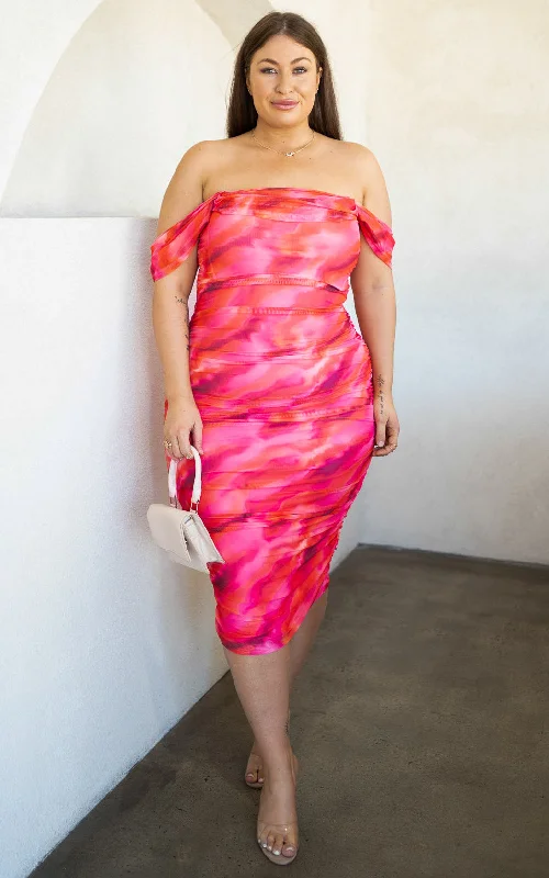 Midi dresses for family holiday gatherings-Pandora Mesh Midi Dress - Pink Orange Print