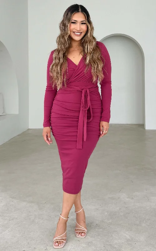 Midi dresses with metallic accents-Aston Long Sleeve Midi Dress - Plum