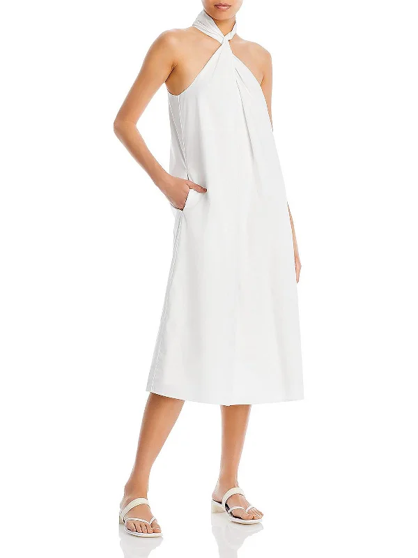 Midi dresses for bridal showers-Womens Twist-Neck Midi Halter Dress