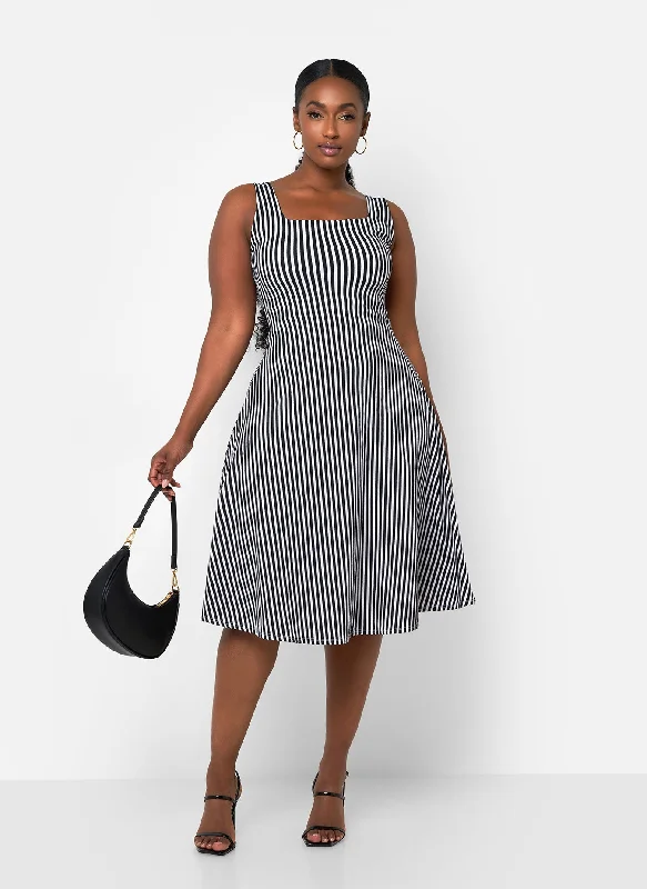 Midi dresses for a chic and relaxed vibe-Bailey Stripe Midi A Line Dress - Black & White