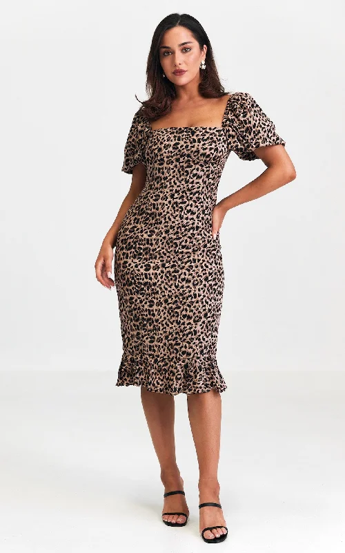 Midi dresses for a romantic getaway-Jazel Midi Dress - Brown Leopard