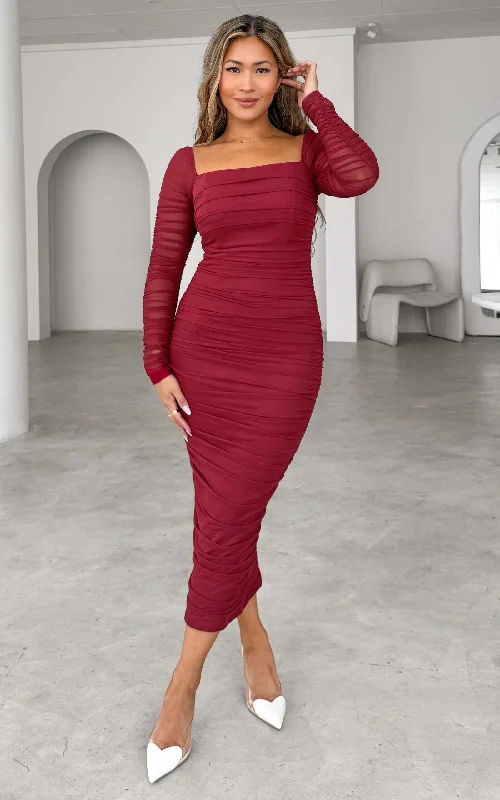 Midi dresses for bridal parties-Lovick Mesh Midi Dress - Wine