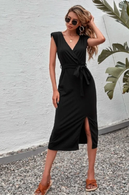 Midi dresses for luxury events-Tie Waist Plunge Neck Split Thigh Midi Dress