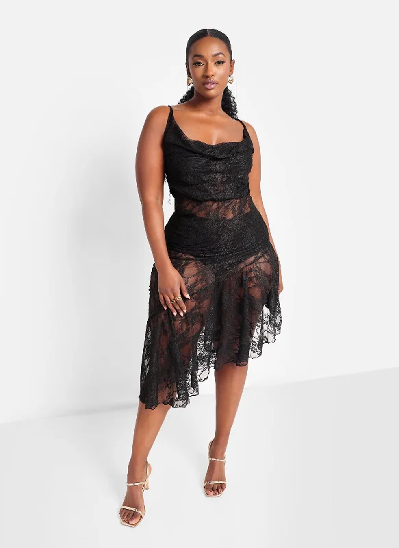 Stylish midi dresses for casual date nights-Talia Glitter Lace Ruffle Hem Midi Bodycon Dress