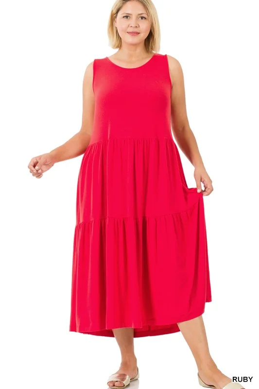 Midi dresses for an outdoor picnic with family-Plus Sleeveless Tiered Midi Dress