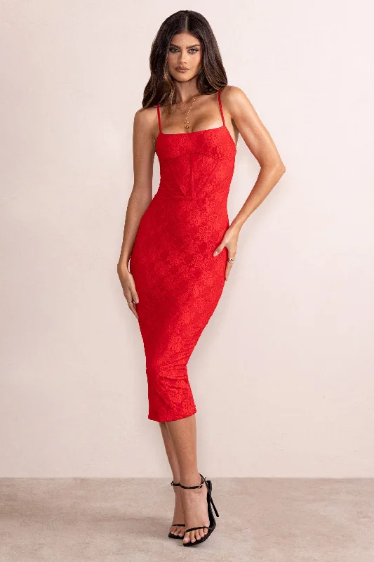 Midi dresses with soft textures for comfortable wear-Anele | Red Lace Overlay Corset Midi Dress