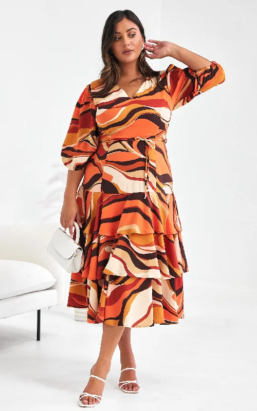 Midi dresses for bridal showers-Alicie Midi Dress - Orange Brown Multi Print