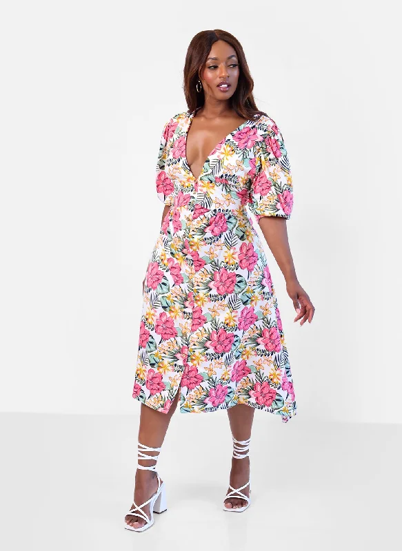 Midi dresses for family BBQs-Elena Tropical Print A-Line Midi Dress