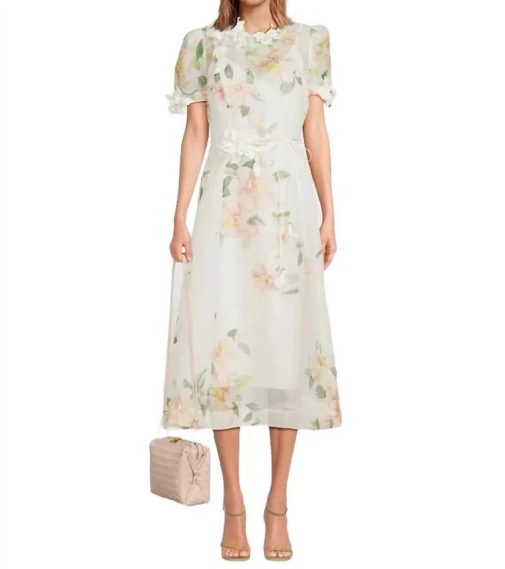 Midi dresses for a formal gala-Natura Liftoff Flower Midi Dress In Ivory Camelia