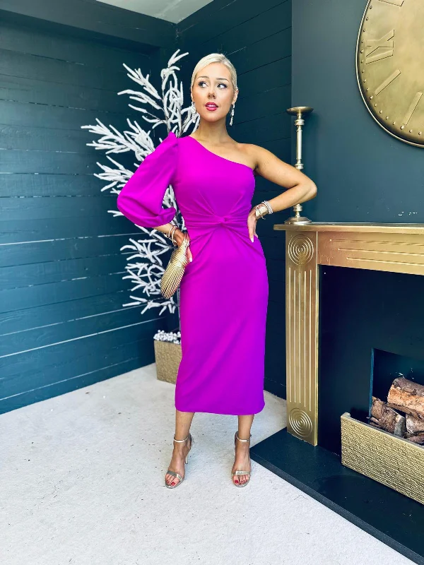 Midi dresses with soft textures for comfortable wear-Kirsten One Shoulder Occasion Midi Dress Orchid