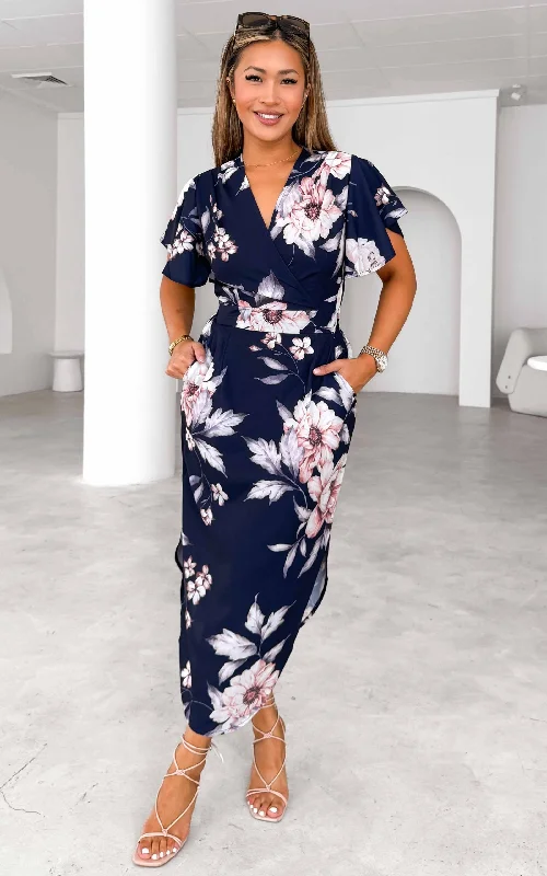 Midi dresses for an outdoor celebration-Brandy Midi Dress - Navy Floral