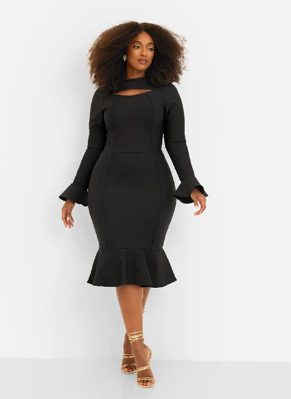 Midi dresses with silk finishes-Amie Bandage Bell Sleeve Midi Bodycon Dress - Black