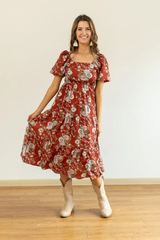 Elegant midi dresses for upscale garden parties-Elizabeth Midi Dress in Rust and Floral