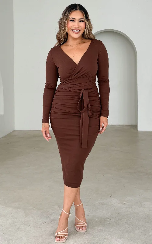 Midi dresses for daytime cocktail events-Aston Long Sleeve Midi Dress - Chocolate Brown