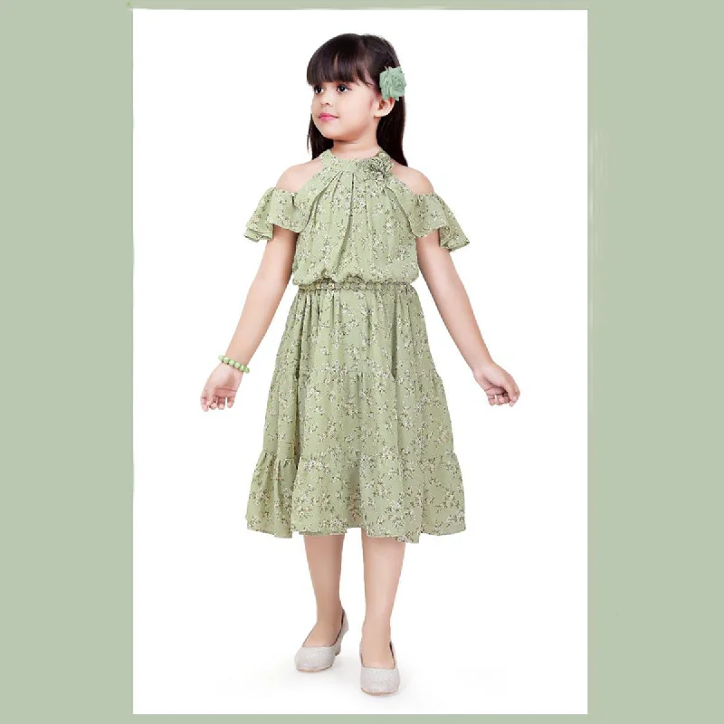 Midi dresses with balloon sleeves-Green Floral Print Girls Midi