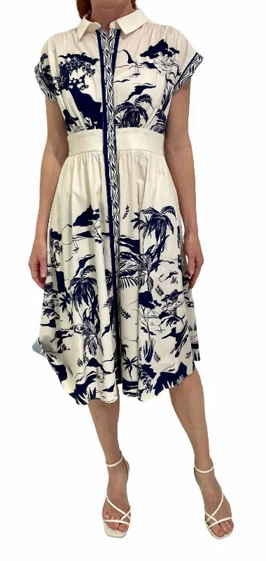 Midi dresses for casual outdoor activities-Belted Embroidered Midi Dress In Cream Navy