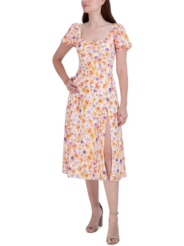 Stylish midi dresses for a trendy city escape-Womens Knee Length Floral Print Midi Dress