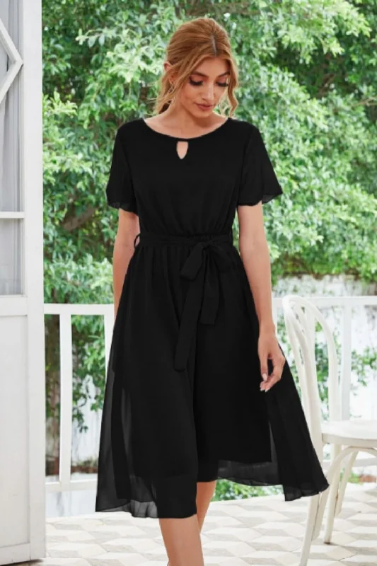 Midi dresses for casual outdoor activities-Key Hole Waist Tie Flare Midi Dress