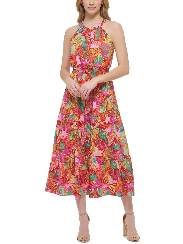 Midi dresses for casual holiday get-togethers-Womens Floral Halter Midi Dress