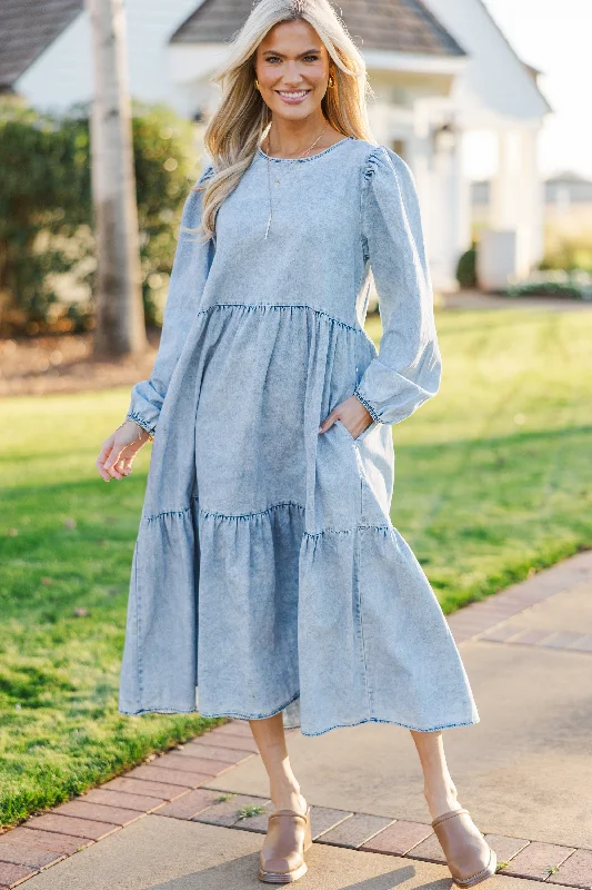 Midi dresses for family BBQs-Take Your Chance Denim Blue Midi Dress