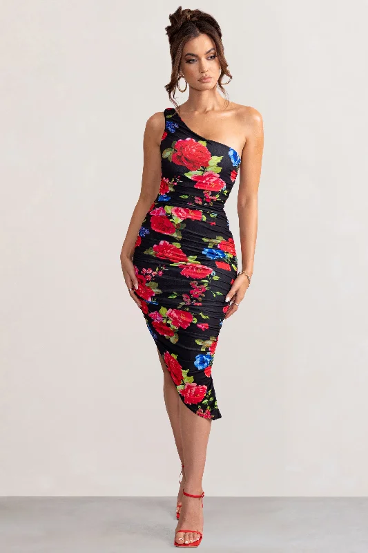 Midi dresses for an intimate dinner at home-Late Night | Black Floral Print Asymmetric One Shoulder Ruched Midi Dress