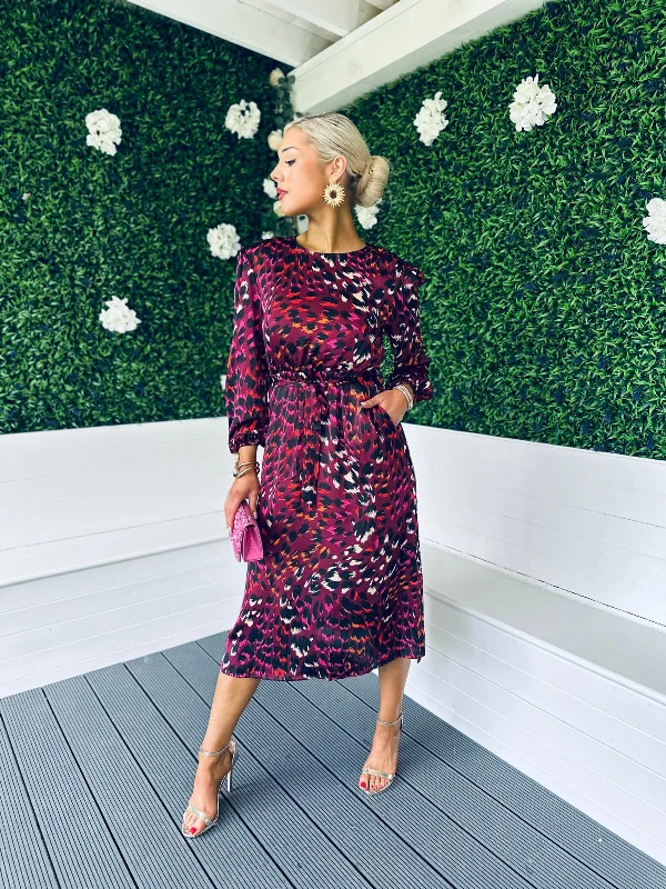 Midi dresses for daytime wedding celebrations-Fay Padded Shoulder Long Sleeve Midi Dress Berry Leopard