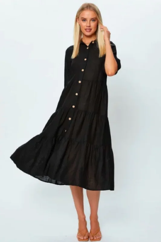 Midi dresses for family holiday gatherings-Button Down Ruffle Flare Midi Dress