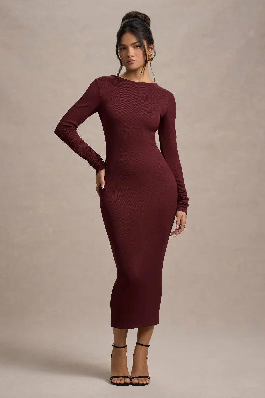 Midi dresses for outdoor summer weddings-Madden | Plum Rib Knit Cowl-Back Midi Dress