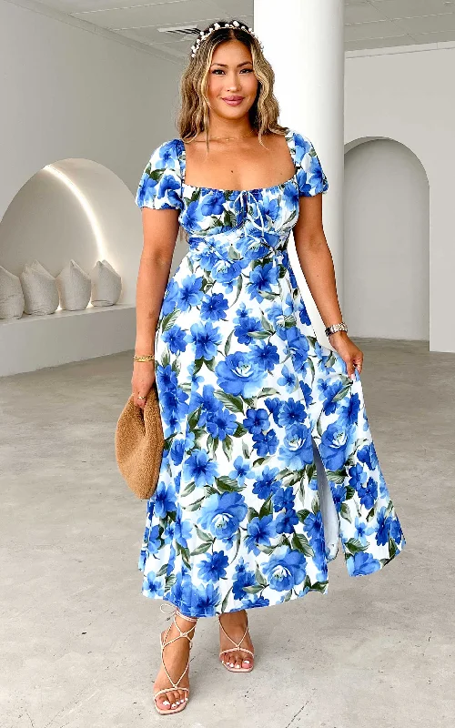 Midi dresses for a glamorous evening event-Kiaya Midi Dress - Blue Floral