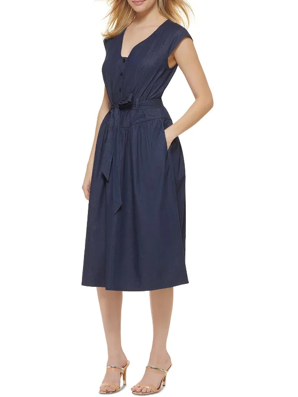 Midi dresses for a day out with friends-Womens Half-button Belted Midi Dress