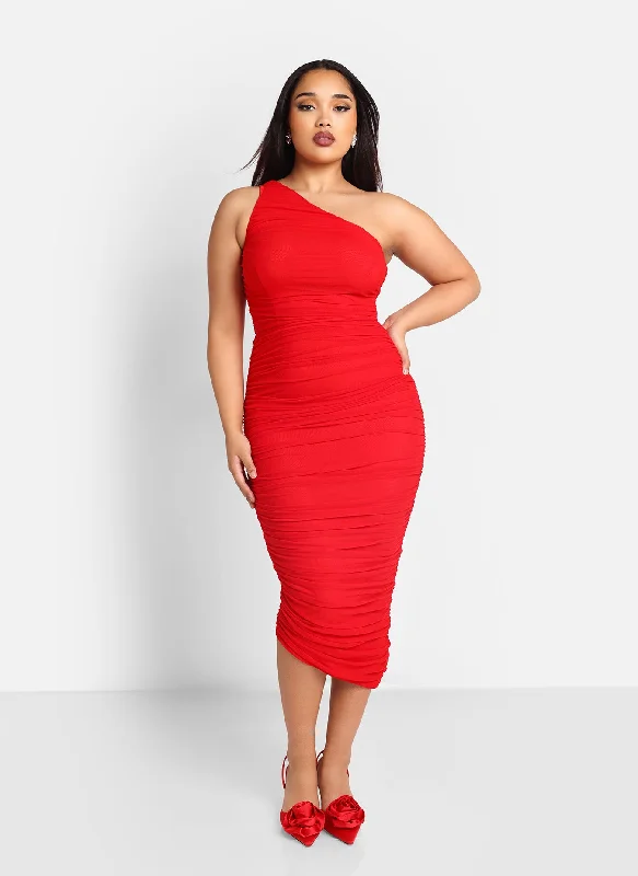 Midi dresses with lace inserts-Paris Mesh One Shoulder Asymmetrical Midi Bodycon Dress - Cherry