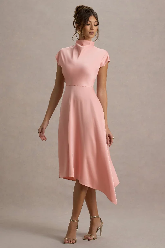 Midi dresses for an outdoor celebration-Velma | Light Pink Satin Midi Dress With Draped Hem