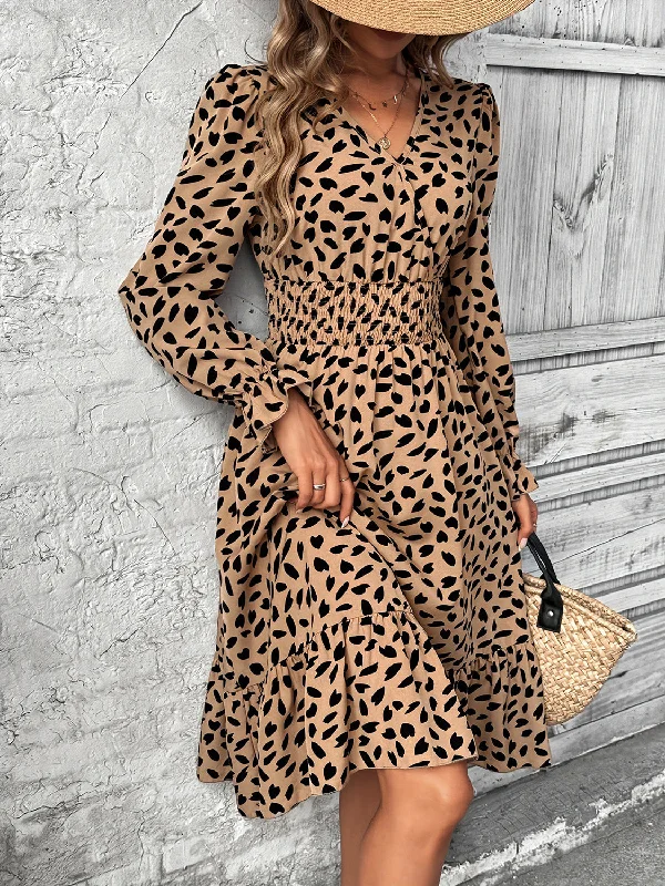 Midi dresses for outdoor summer weddings-Smocked Printed Surplice Flounce Sleeve Midi Dress