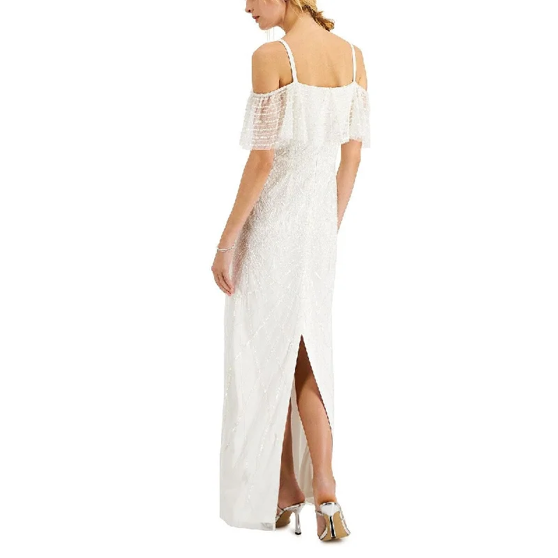 Evening dress for opulent event-Adrianna Papell Women's Beaded Cold Shoulder Gown White Size 10