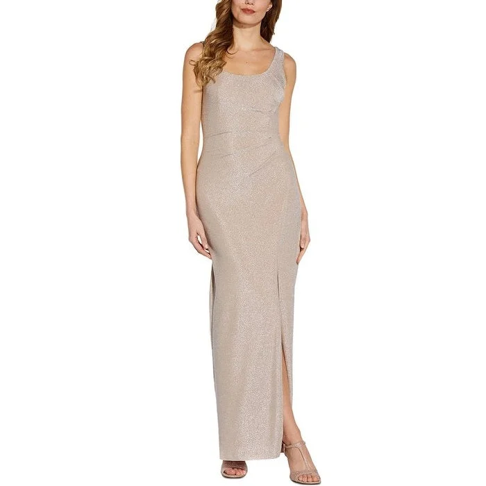 Evening dress with beaded neckline-Adrianna Papell Women's Metallic Knit Sleeveless Gown Gray Size 4