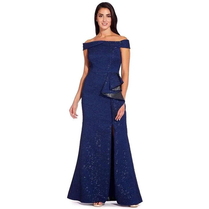 Stylish evening dress with sequins-Adrianna Papell Women's Off The Shoulder Gown Navy Size 8