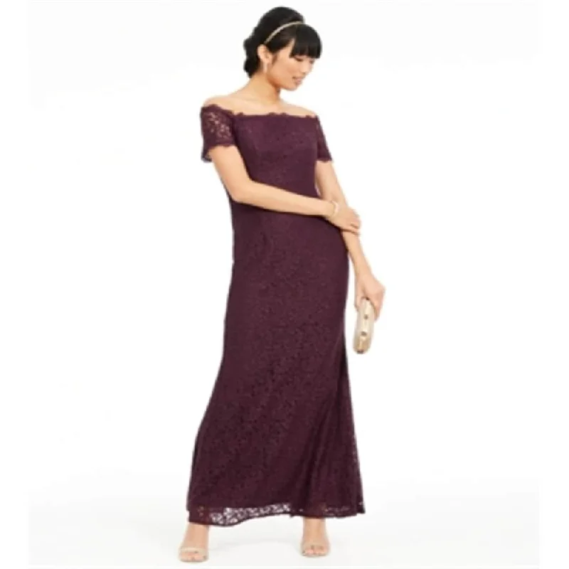 Evening dress for luxury celebration-Adrianna Papell Women's Off the Shoulder Lace Gown Purple