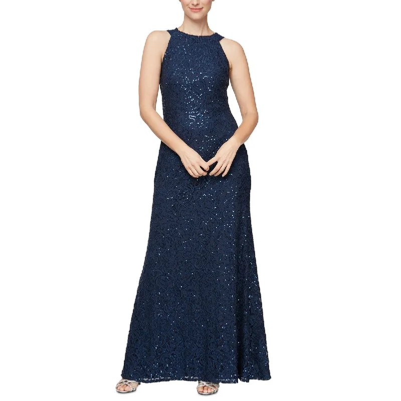 Evening dress for extravagant affair-Alex & Eve Women's Sequin & Lace Drape Back Gown Blue Size 12