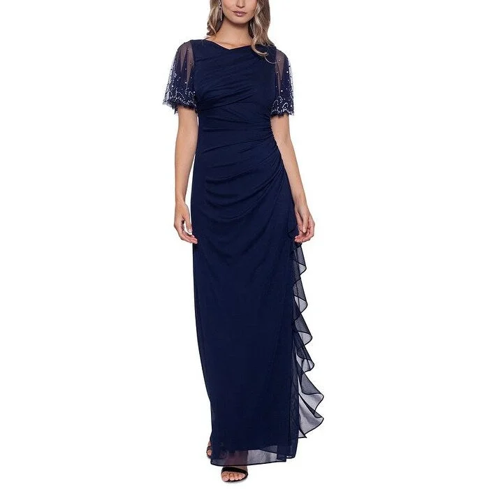 Evening dress for grand celebration-Betsy & Adam Women's Embellished Zippered Ruched Flutter Sleeve Boat Neck Full-Length Formal Gown Dress Blue Size 4