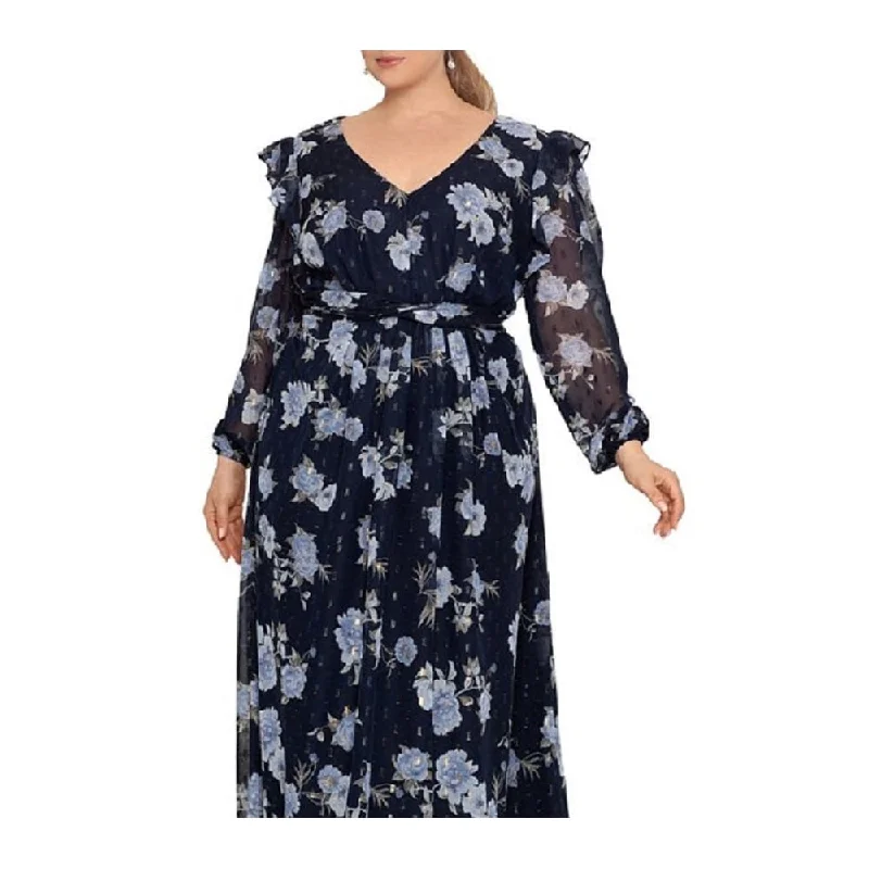 Evening dress for a sophisticated dinner-Betsy & Adam Women's Floral Chiffon Gown Blue Size 14W