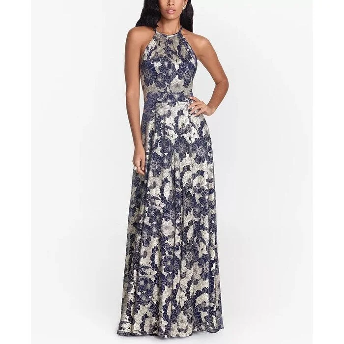 Evening dress for lavish wedding reception-Betsy & Adam Women's Metallic Floral Halter Gown Blue Size 6