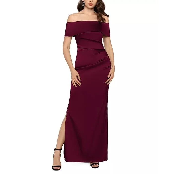 Evening dress for fabulous wedding-Betsy & Adam Women's Off-The-Shoulder Satin Slit Gown Purple Size 6