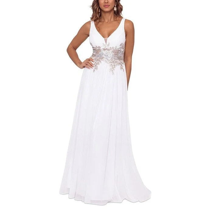 Evening dress for high-profile gala-Betsy & Adam Women's V Neck Mesh Waist Embroidered Chiffon Gown White Size 6